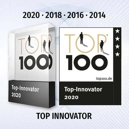 Logo und Preis als Top-Innvator 2020 mit der Bildüberschrift 2020 · 2018 · 2016 · 2014 Top Innovator