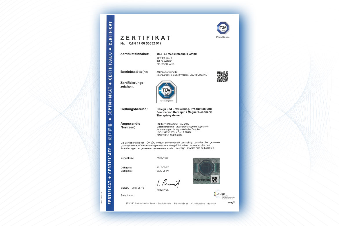 MedTec TÜV Zertifikat EN ISO 13485 TÜV Zertifikat EN ISO 13485