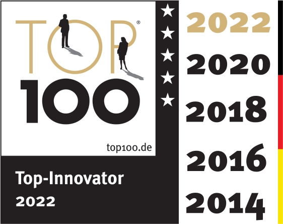 Signet TOP100 TOP-Innovator 2022 mit 5 weißen Sternen symbolisch für die bisherigen TOP100-Auszeichnungen